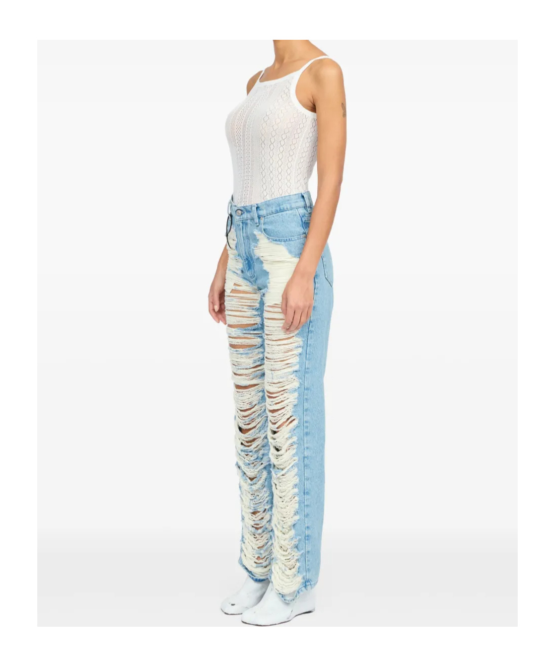 Mm6 Maison Margiela Mm6 By Maison Margiela Distressed Straight Leg Denim Jeans With White Stitching In White
