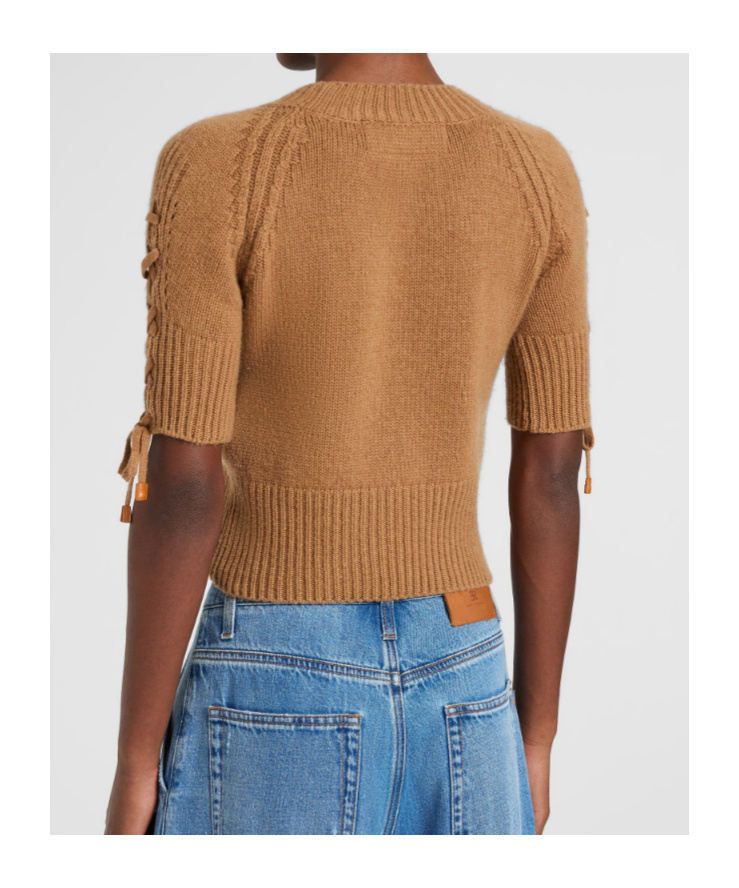 Ermanno Scervino Short-sleeve Sweater In Pure Cashmere With Side Braid Detail In Brown