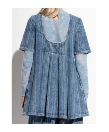 Ganni Short Sleeve Pleated Dress Pockets In Blue