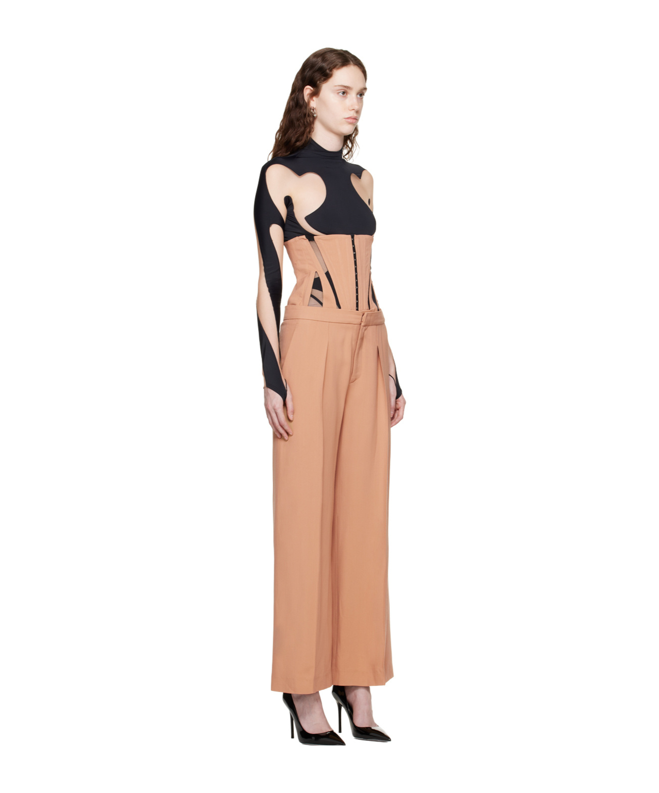 Mugler Tan Tailored Trousers & Corset Set In Nude