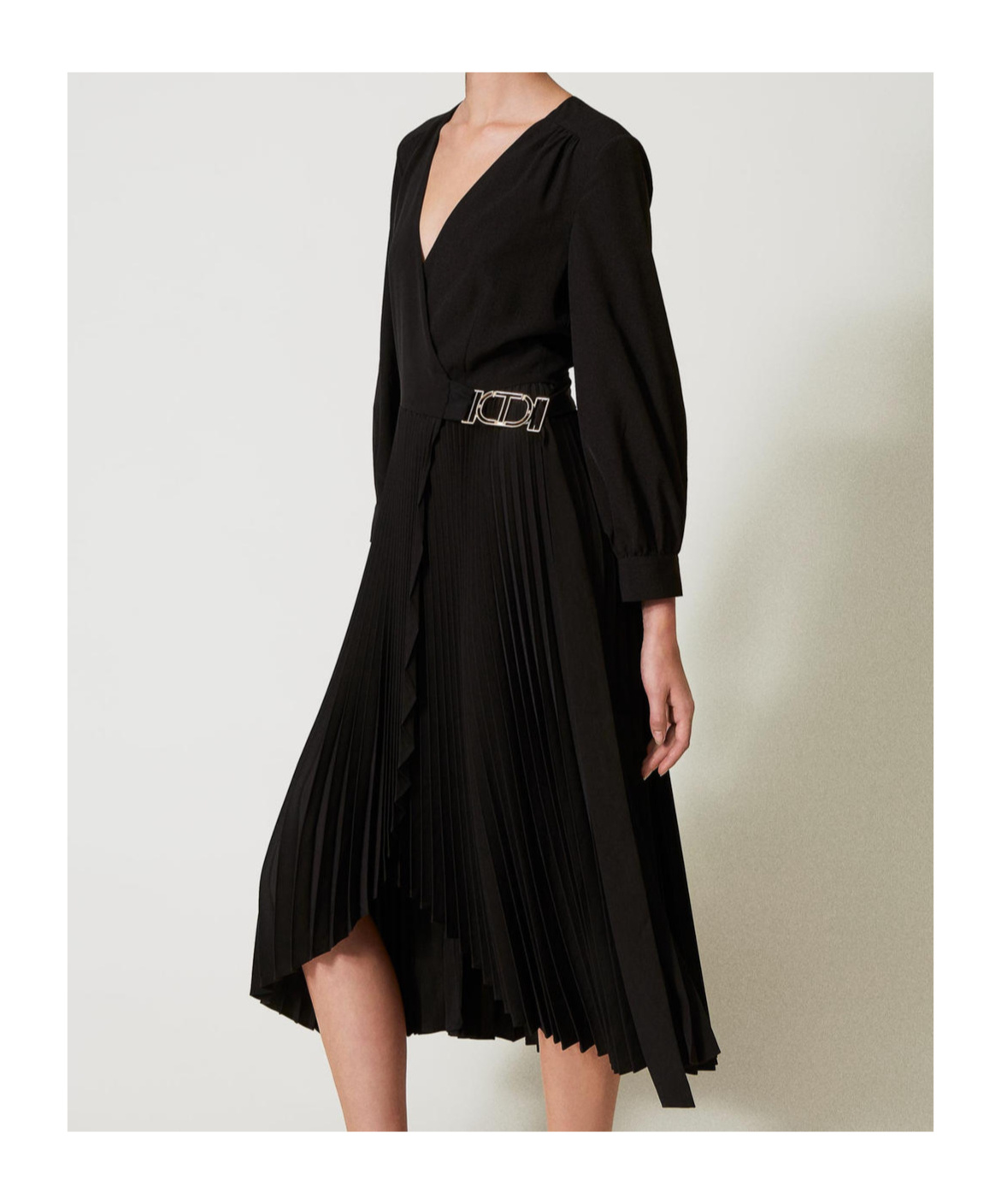 Shop Twinset Pleated Crepe Midi Dress In Black