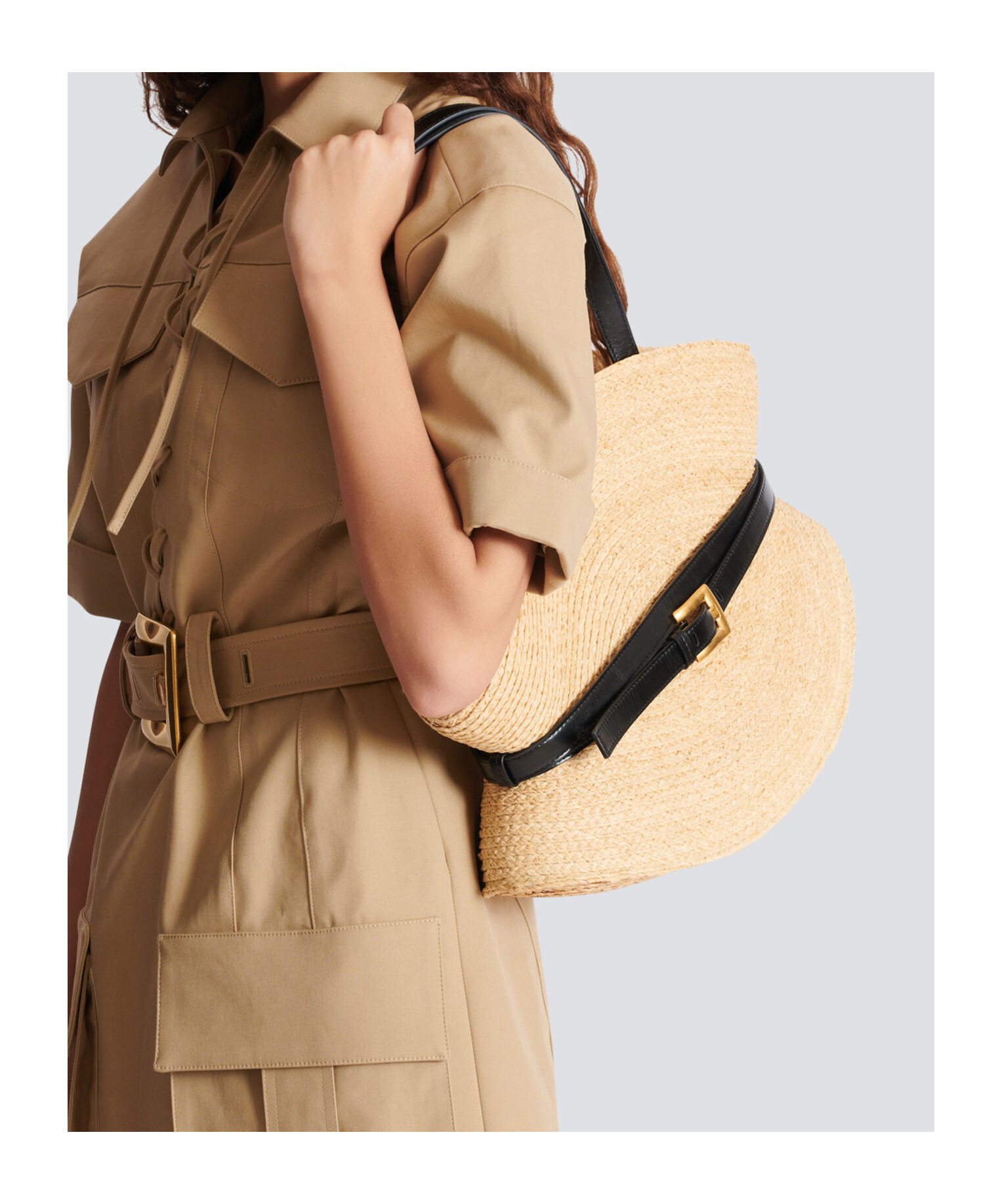 Balmain Medium Raffia And Calfskin Sculptural Bag In Nude