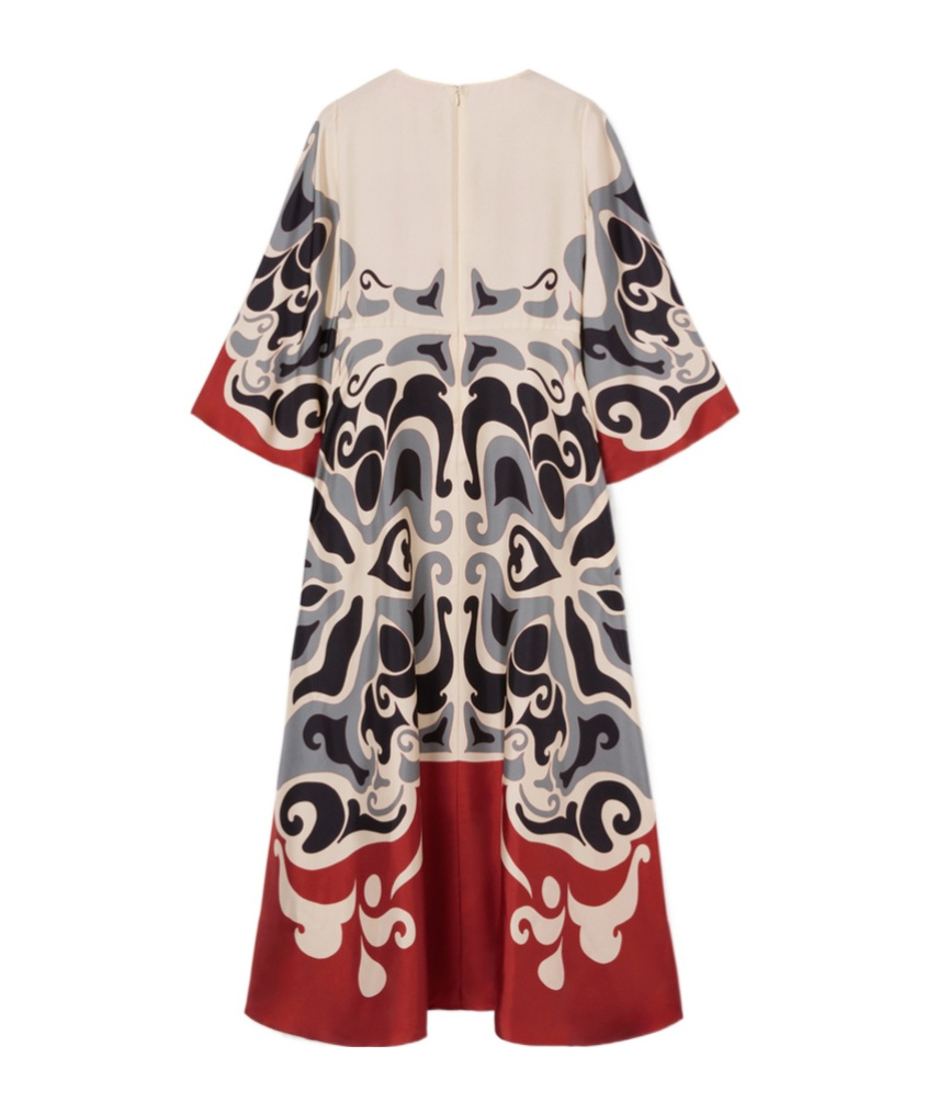 La Doublej Multicolor Long Dress With Round Neck And All Over Motif In Silk Woman In White