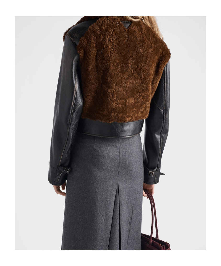 Prada Womens Black Panelled Leather And Shearling Jacket In Black
