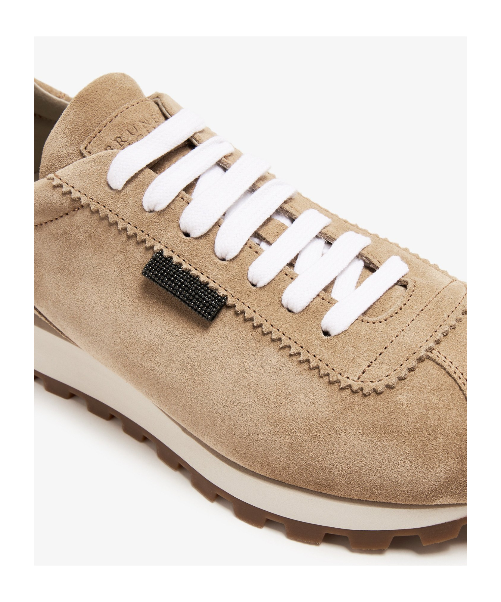 Brunello Cucinelli Beige Low Top Sneakers With Monil Detail On The Side And Embossed Logo Lettering On The Rear In Brown