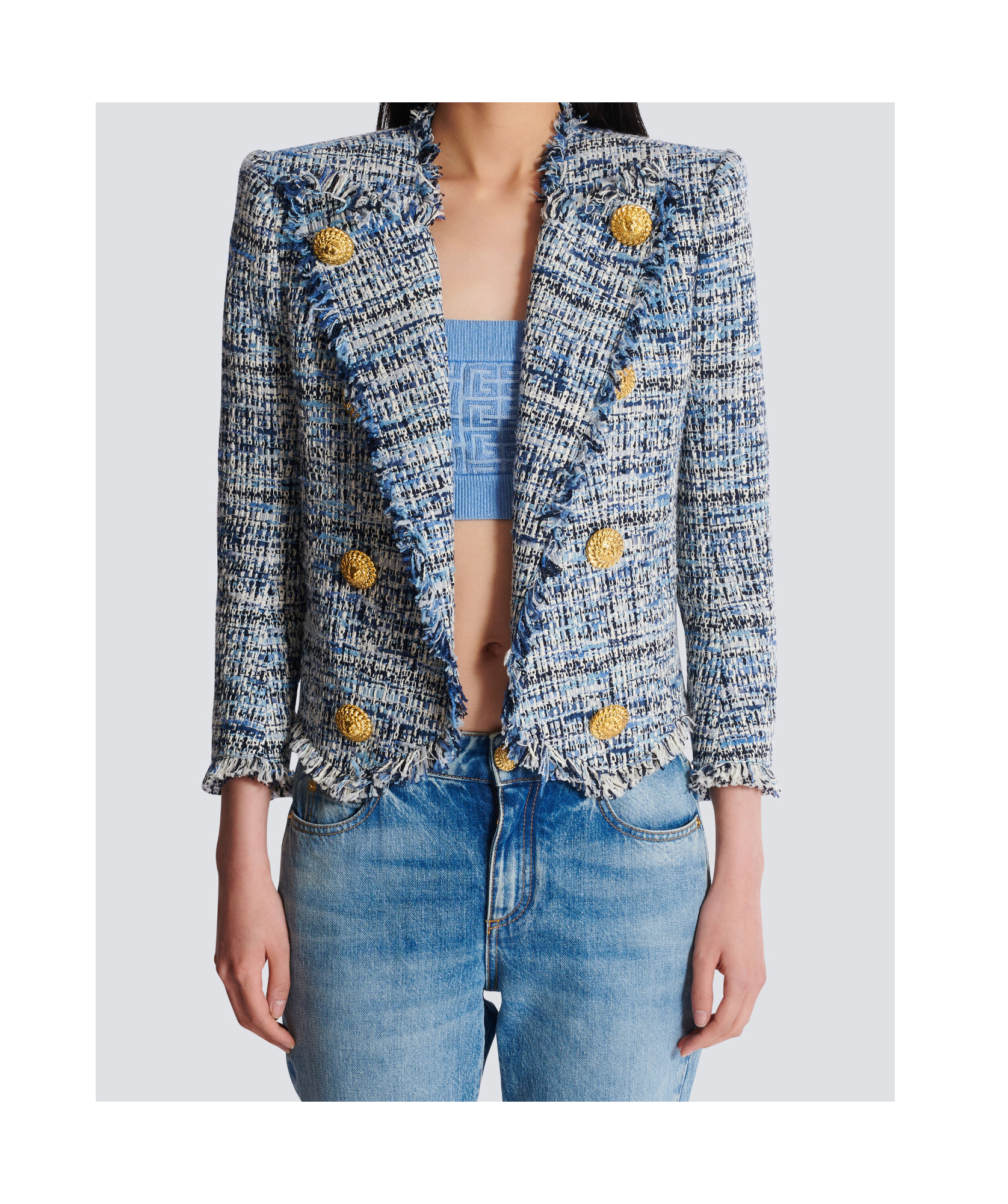 Balmain Spencer Button-embellished Frayed Cotton-blend Tweed Blazer In Gray