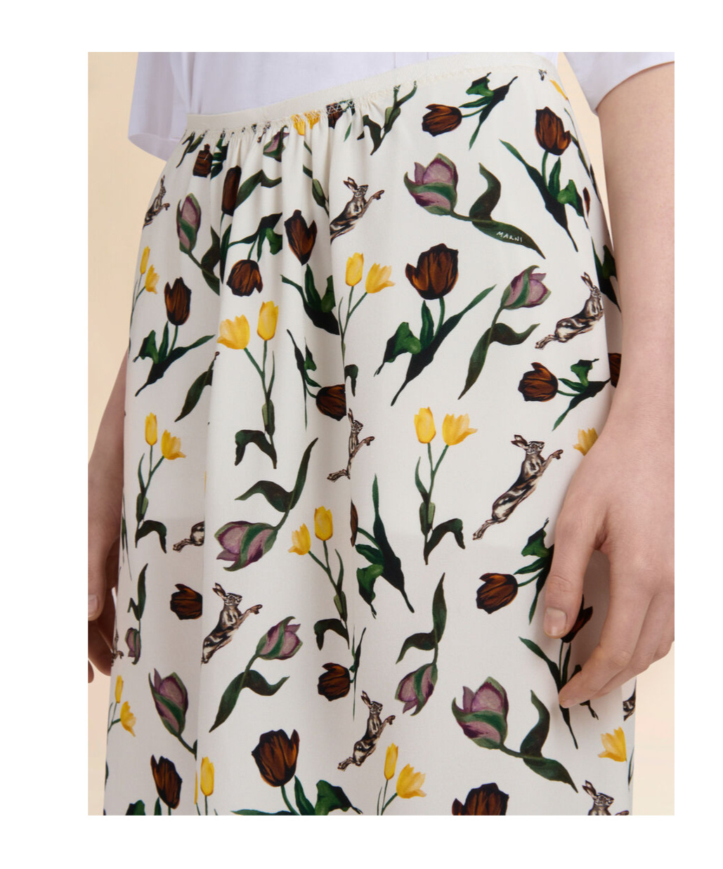 Marni Cream Envers Satin Midi Skirt With Tulips And Hares Print In Multi