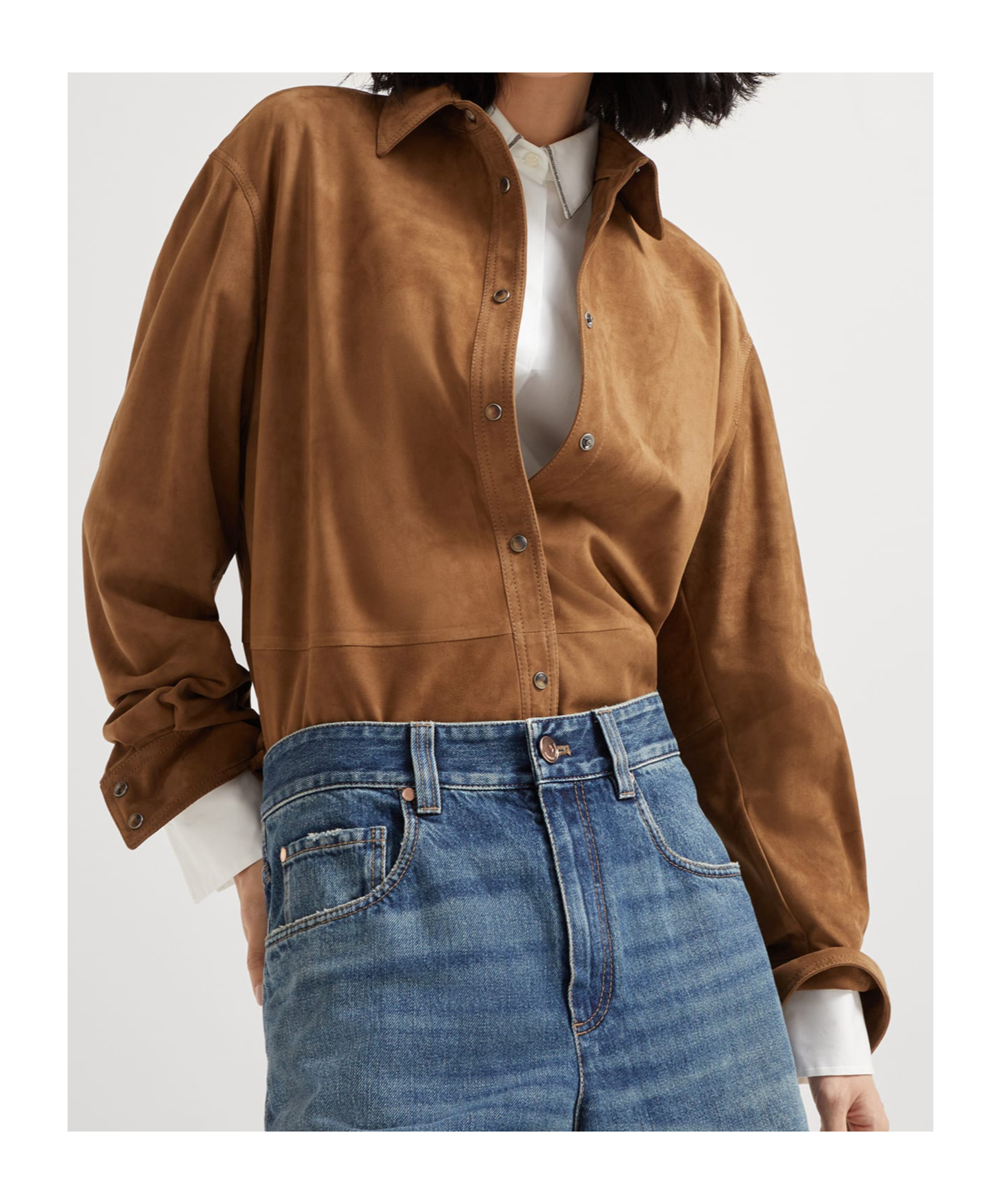 Brunello Cucinelli Suede Shirt With Monili In Brown