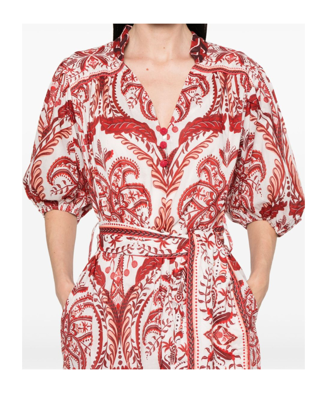 Farm Rio Tropical Cameo Belted Maxi Dress In Off White In Red