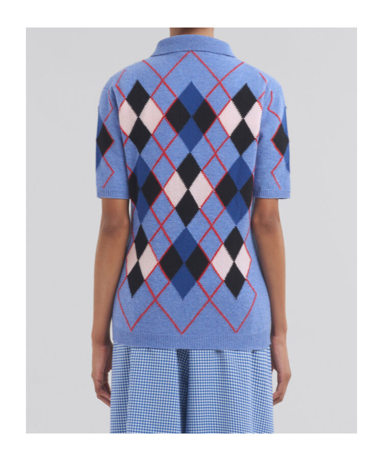 Marni Embroidered Argyle Wool Polo Shirt In Blue