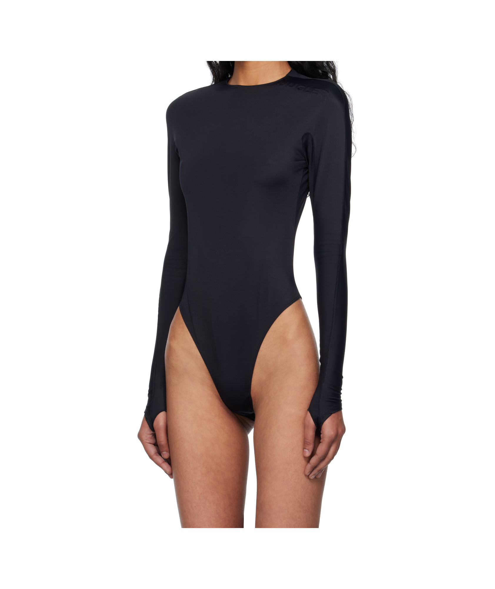 Mugler Logo-embossed Long-sleeved Bodysuit In Black