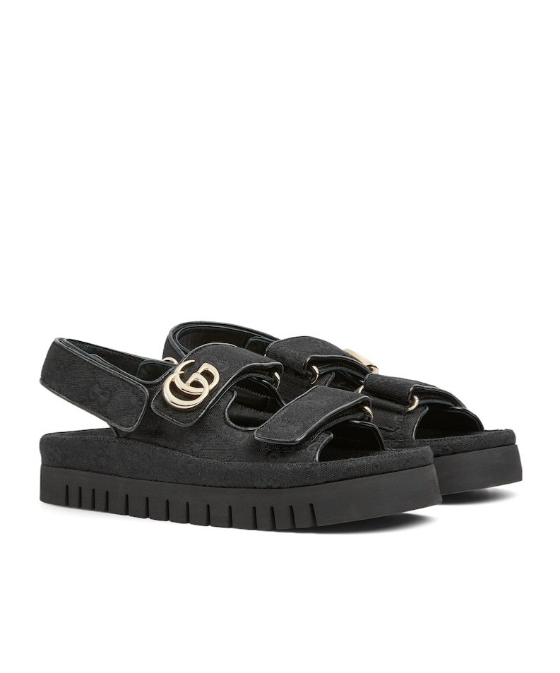 Gucci Double-strap Leather Sandals Gold-tone Hardware In Black