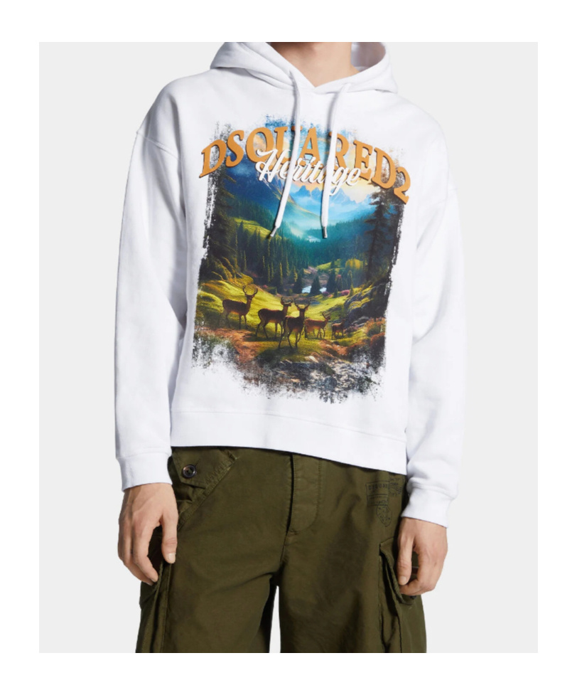 Dsquared2 Cotton Sweatshirt With Nature-inspired Print And Adjustable Hood In White