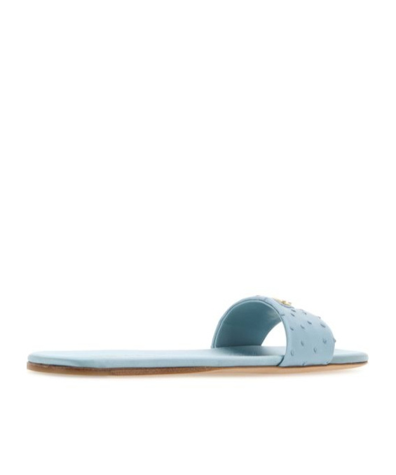 Prada Embossed Leather Slides Flat Sole In Light Blue