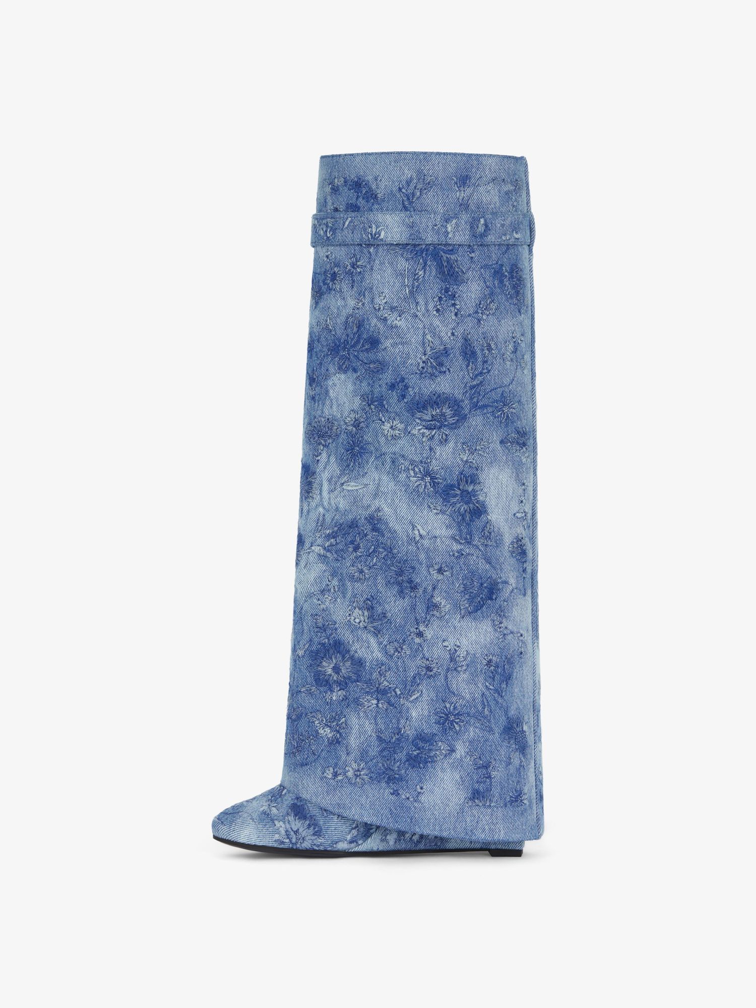 GIVENCHY SHARK LOCK BOOTS IN DENIM WITH FLORAL EMBROIDERY