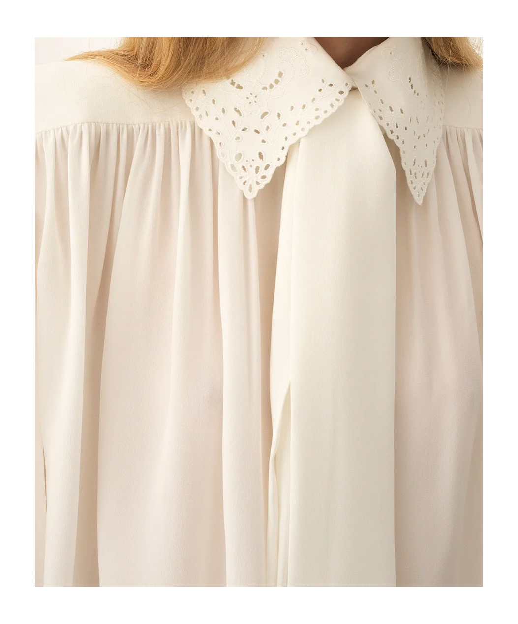 Chloé Pleated Scarf-tie Crepe De Chine Lace Shirt In White