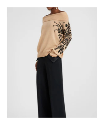 Ermanno Scervino Pure Cashmere Sweater With Hand-embroidered Iris And Crystals In Neutral