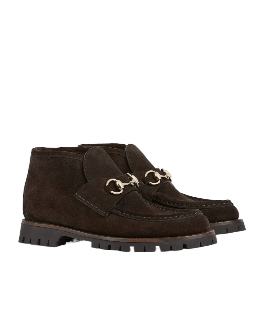 Gucci Women Horsebit Suede Ankle Boots In Brown