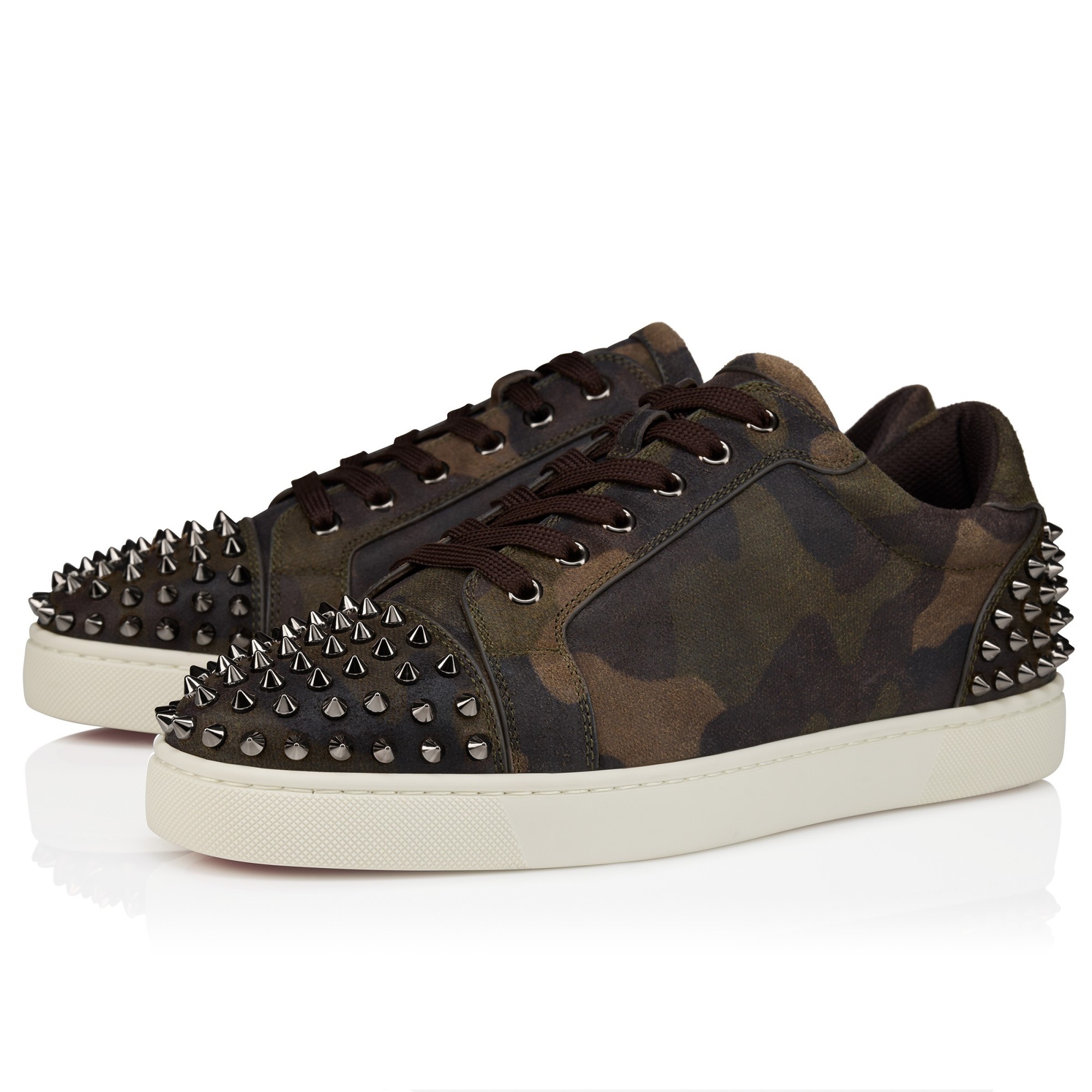 Christian Louboutin Seavaste Camouflage Spiked Suede Sneakers In Brown