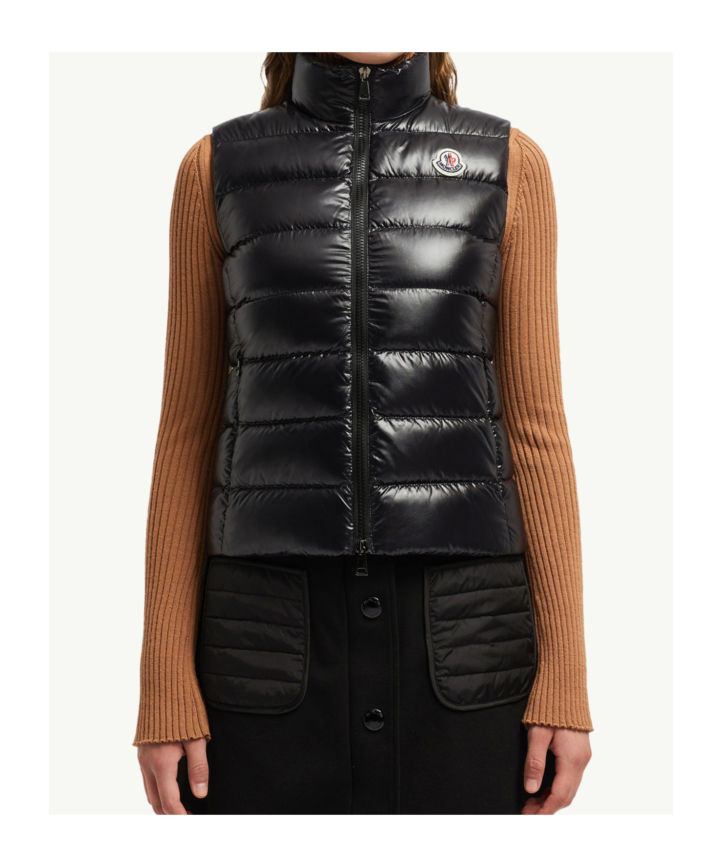 Moncler Womens Full Zipper Sleeveless Puffer Vest Jacket Shiny Black In Black