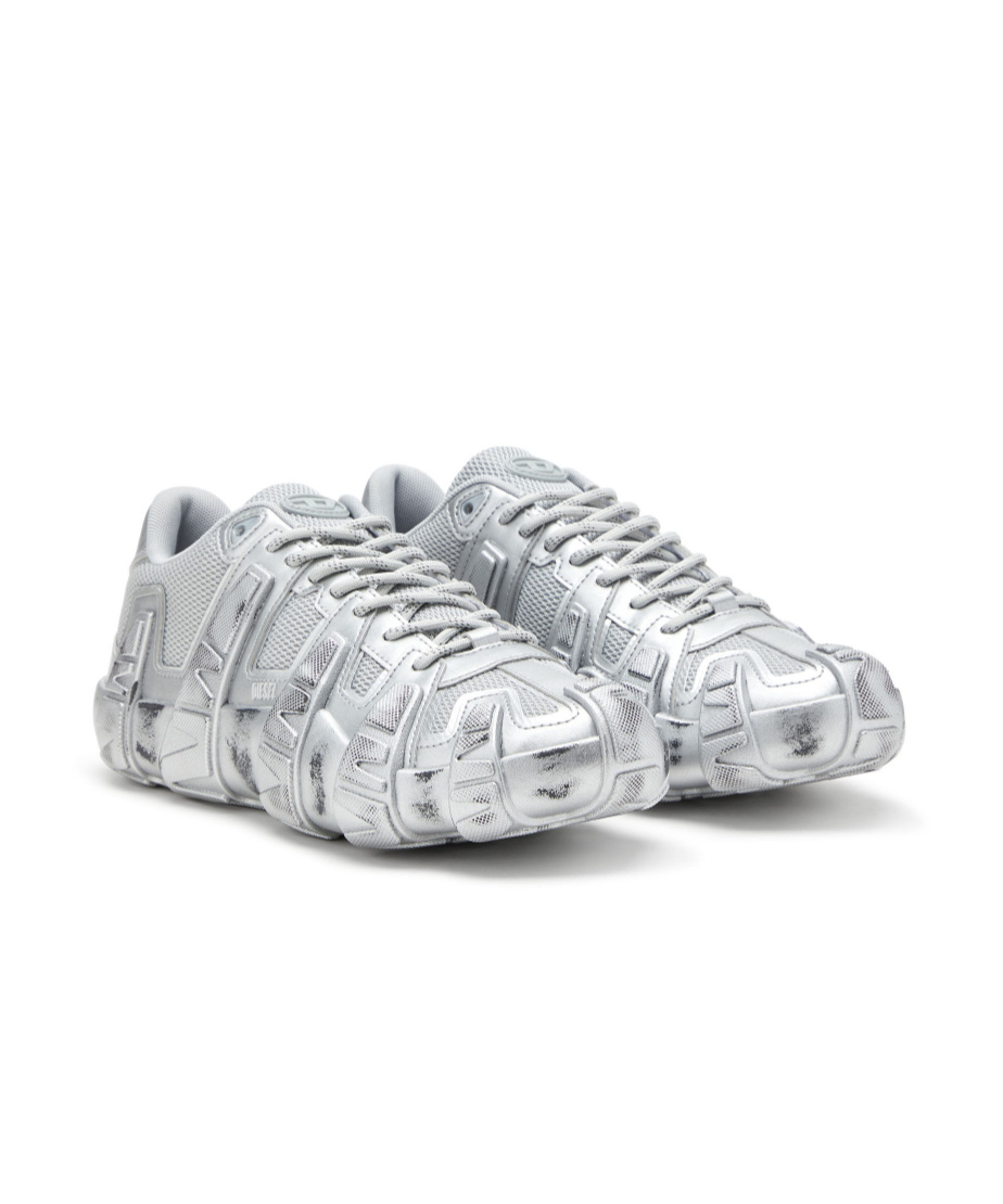 Diesel S-d-griffe-metallic Sneakers In Mesh And Pu In Silver