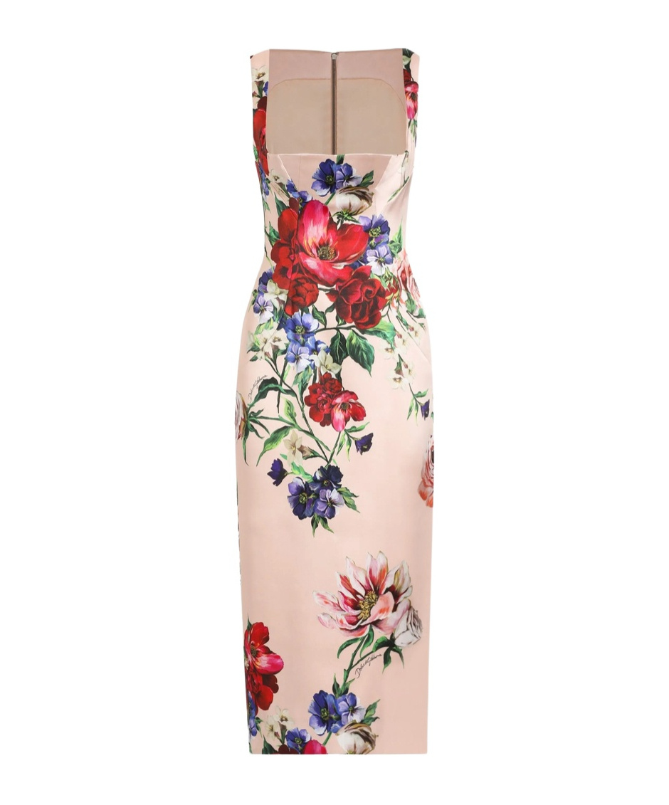 Dolce & Gabbana Satin Calf-length Sheath Dress With Floral Print In Nude