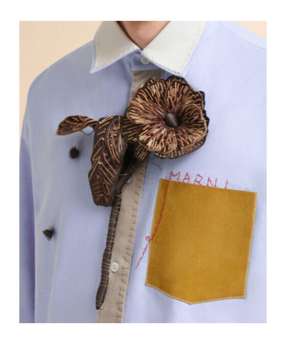 Marni Contrast-collar Embroidered-pocket Shirt In Blue