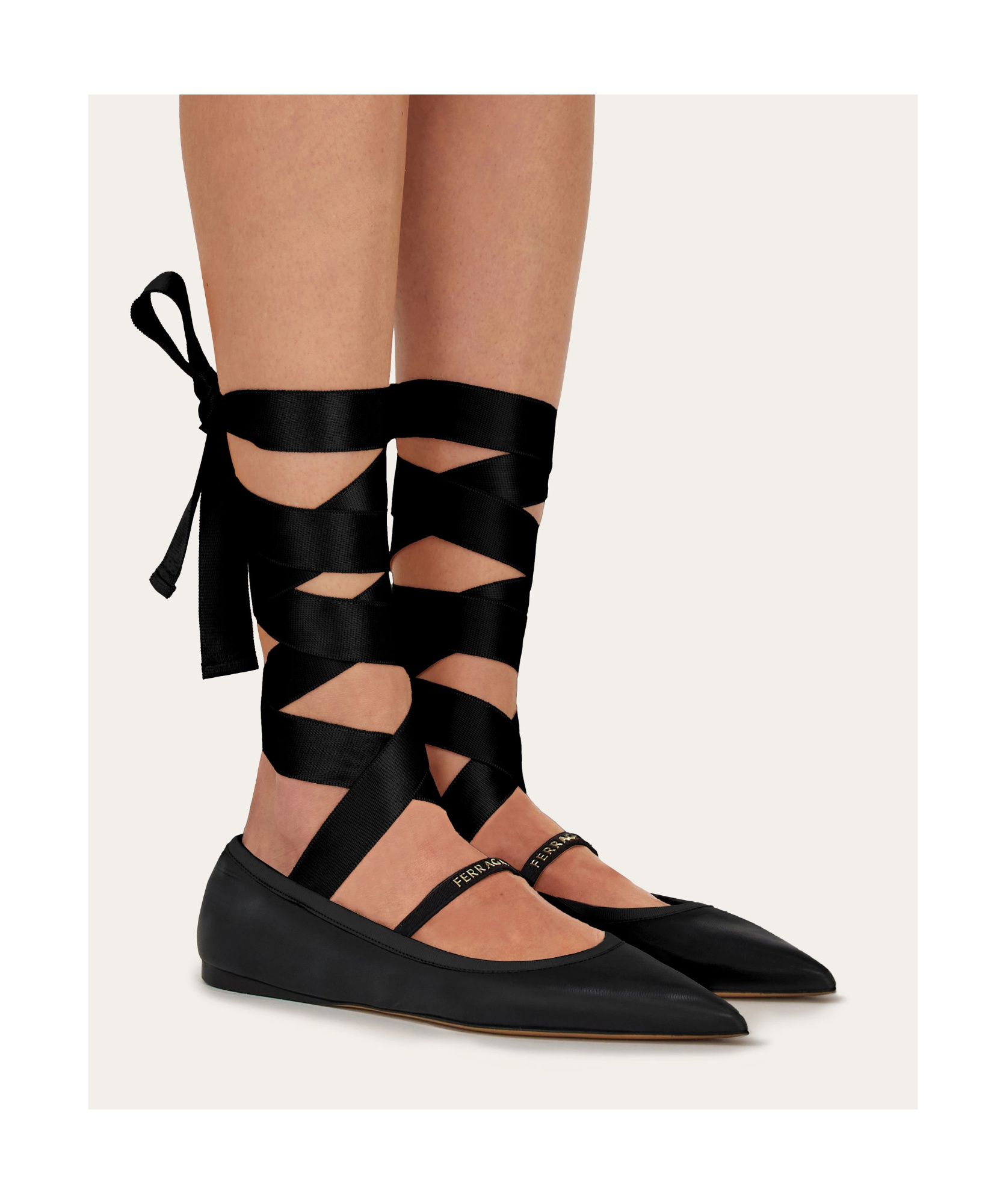 Ferragamo Carice Satin Ribbon Tapered Ballerinas In Black In Black