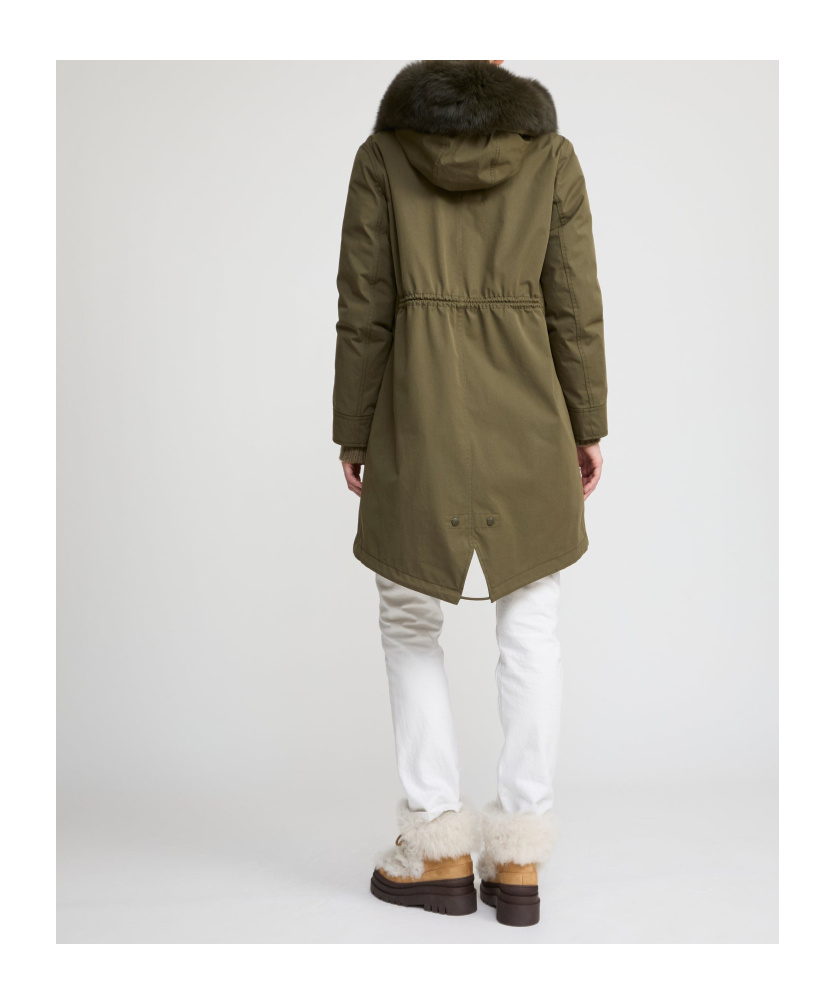 Yves Salomon Long Iconic Parka In Waterproof Cotton Blend With Fox And Rabbit Fur In Green