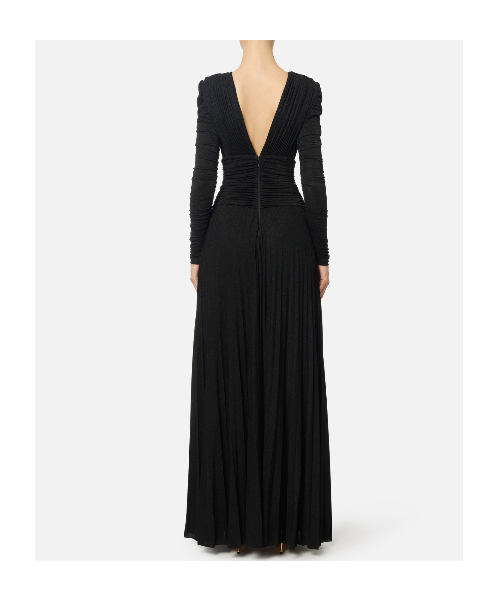 Elisabetta Franchi Chain Detail Pleated Dress With Ruched V-neckline In Black