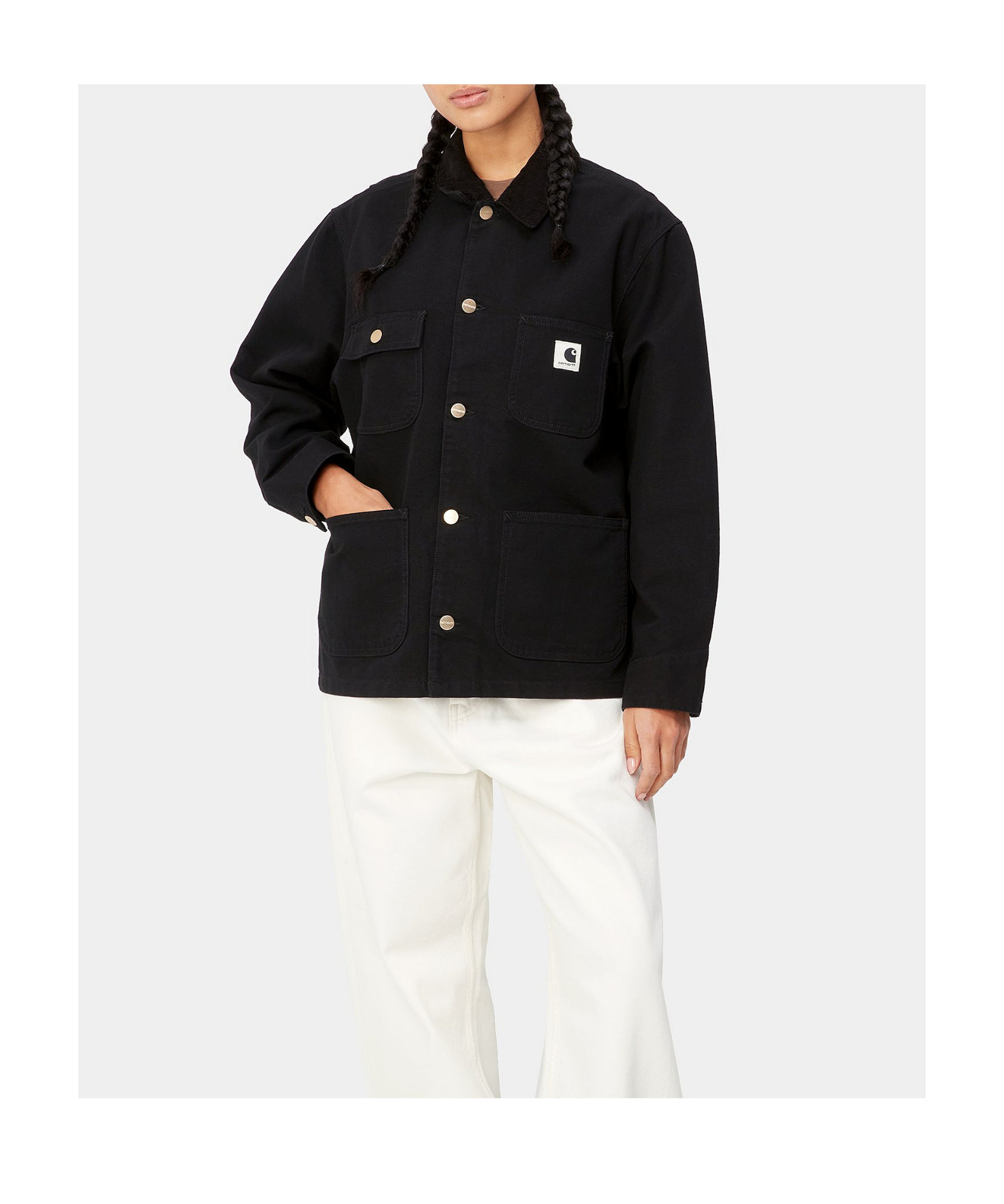 Carhartt Structured Short Coat With Button-up Front And Flap Pockets In Black