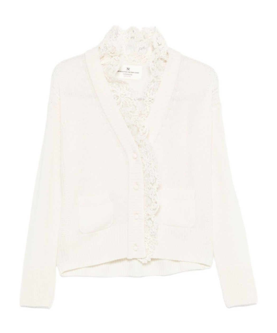 Ermanno Scervino Lace Trim Cashmere Cardigan Featuring Pockets In White