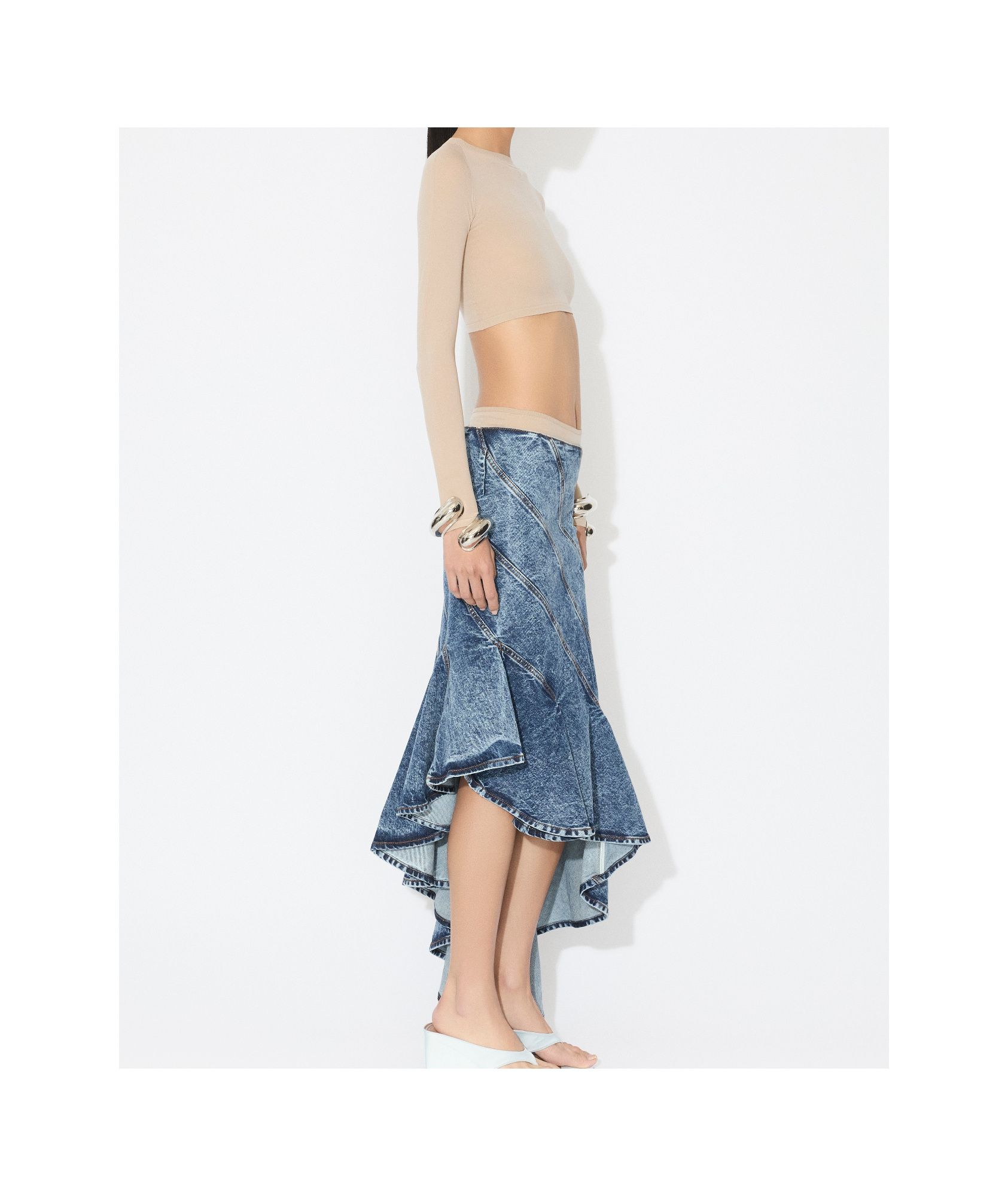 Alaïa Spiral Design Denim Midi Skirt With Hem In Blue