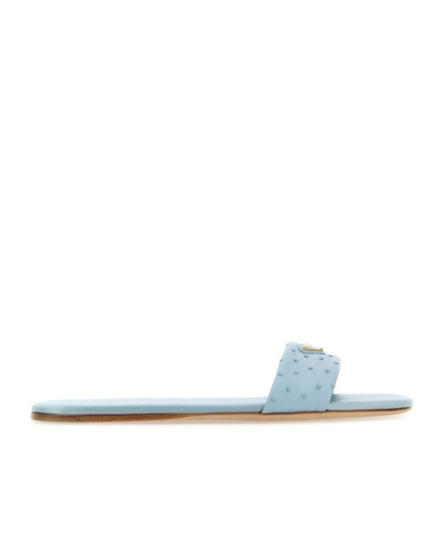 Prada Embossed Leather Slides Flat Sole In Light Blue