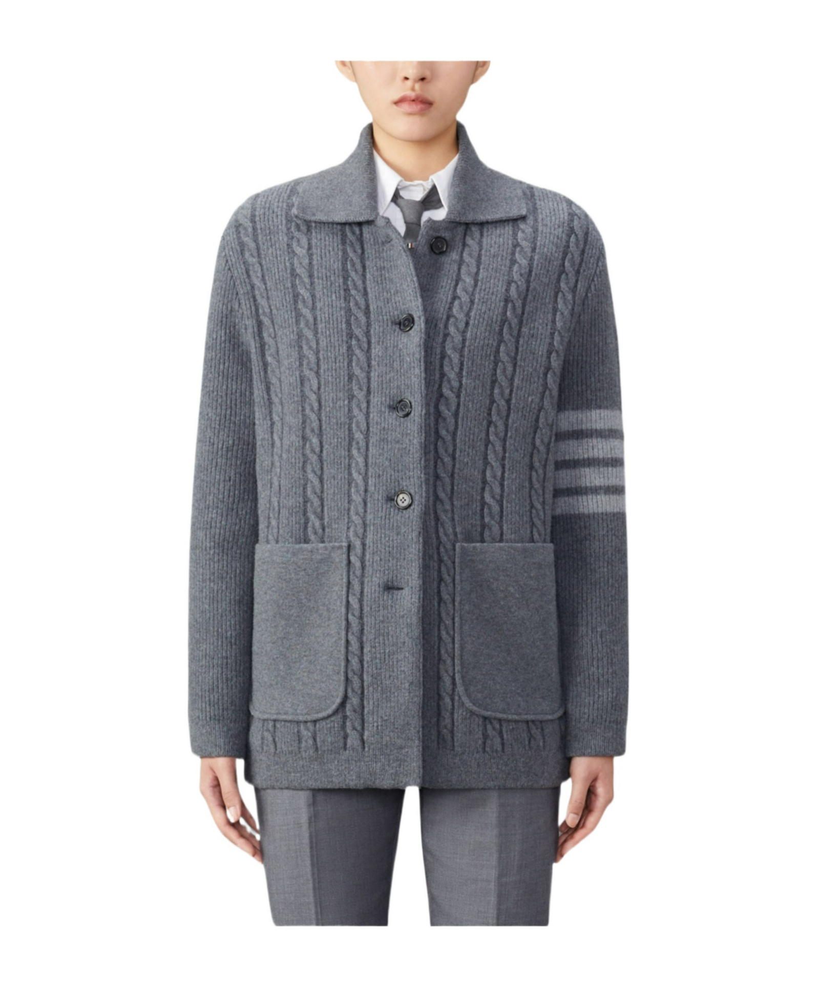 Thom Browne Cable-knit Bomber Jacket In Gray