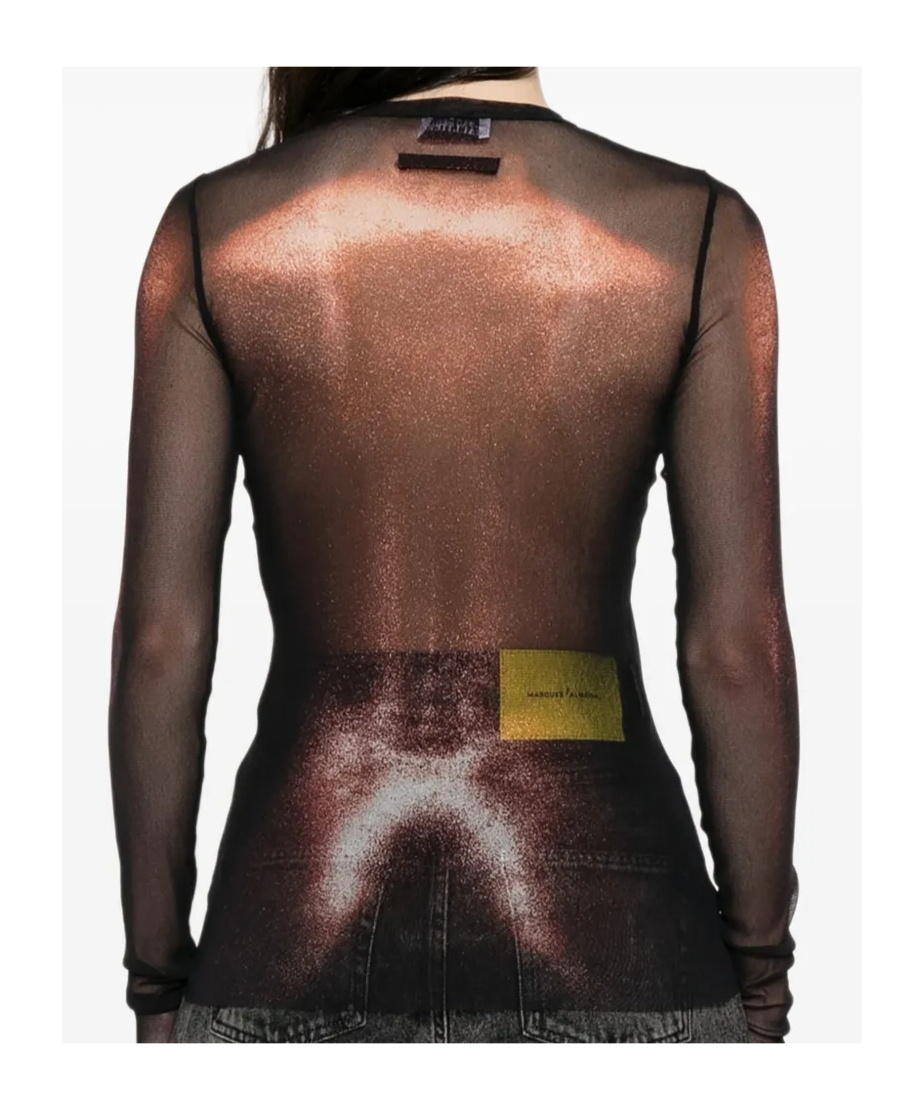Jean Paul Gaultier Sheer Mesh Crew Neck Top Long Sleeves In Black