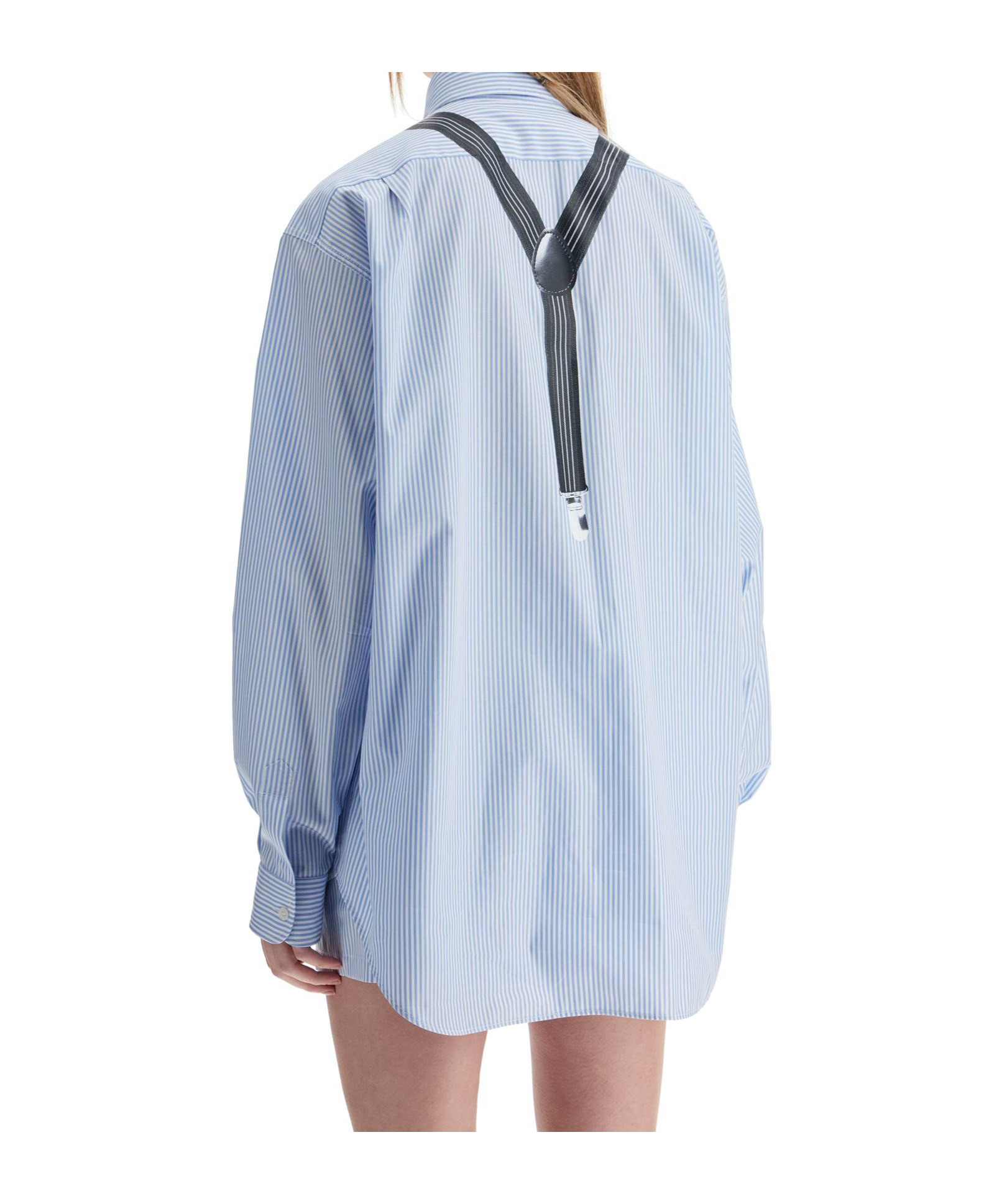 Moschino Couture Light Blue Cotton Striped Shirt With Decorative Straps In Blue