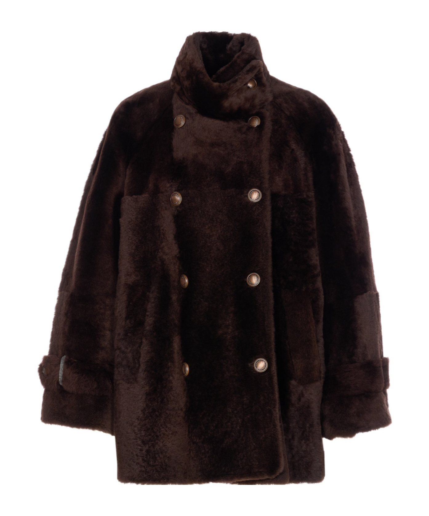 Brunello Cucinelli Leather Double-breasted Jacket High Collar In Brown