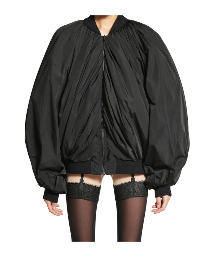 Balenciaga Black Bomber Draped Jacket With Elastic Rear Hem In Tech Fabric Woman In Black