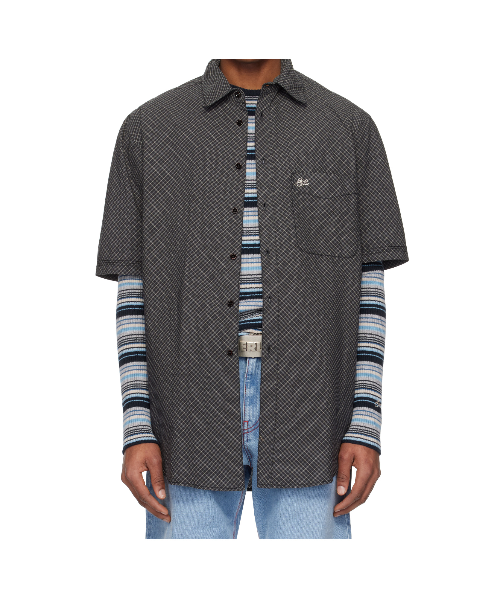 Erl Black Mini Plaid Short Sleeve Shirt In Black