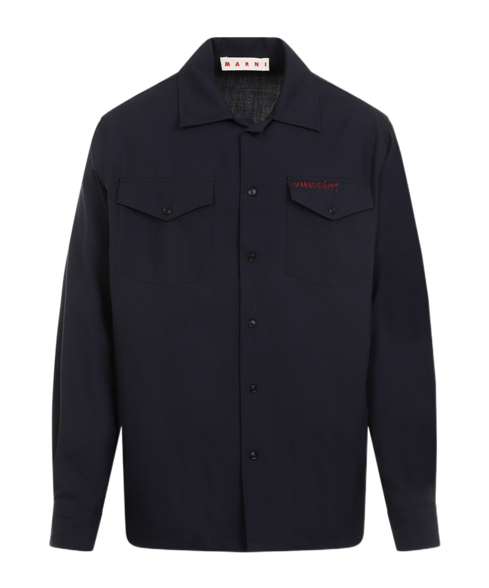 Marni Wool Shirt With Logo Embroidery In Black