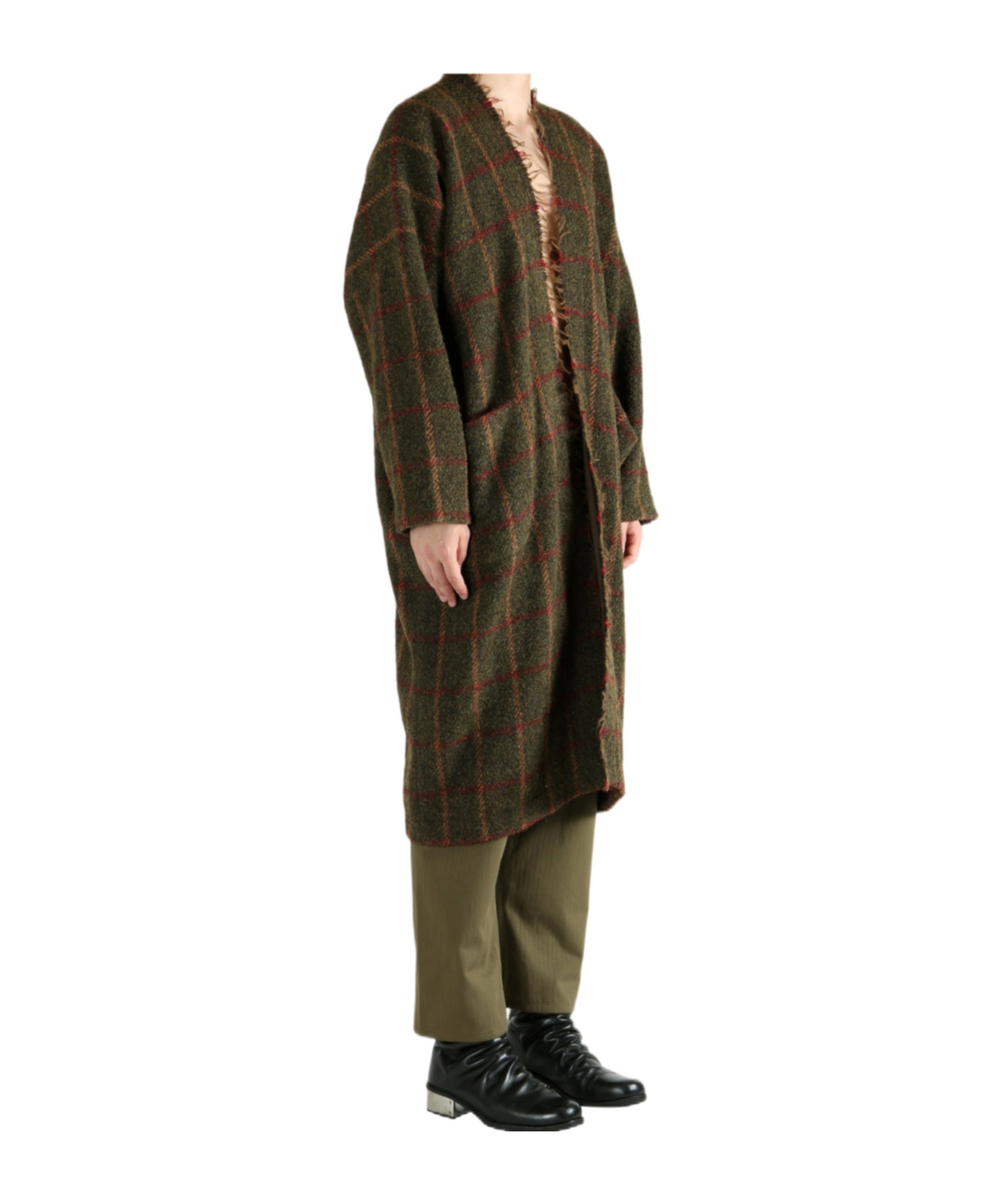 Uma Wang Frayed Check Single-breasted Coat In Brown