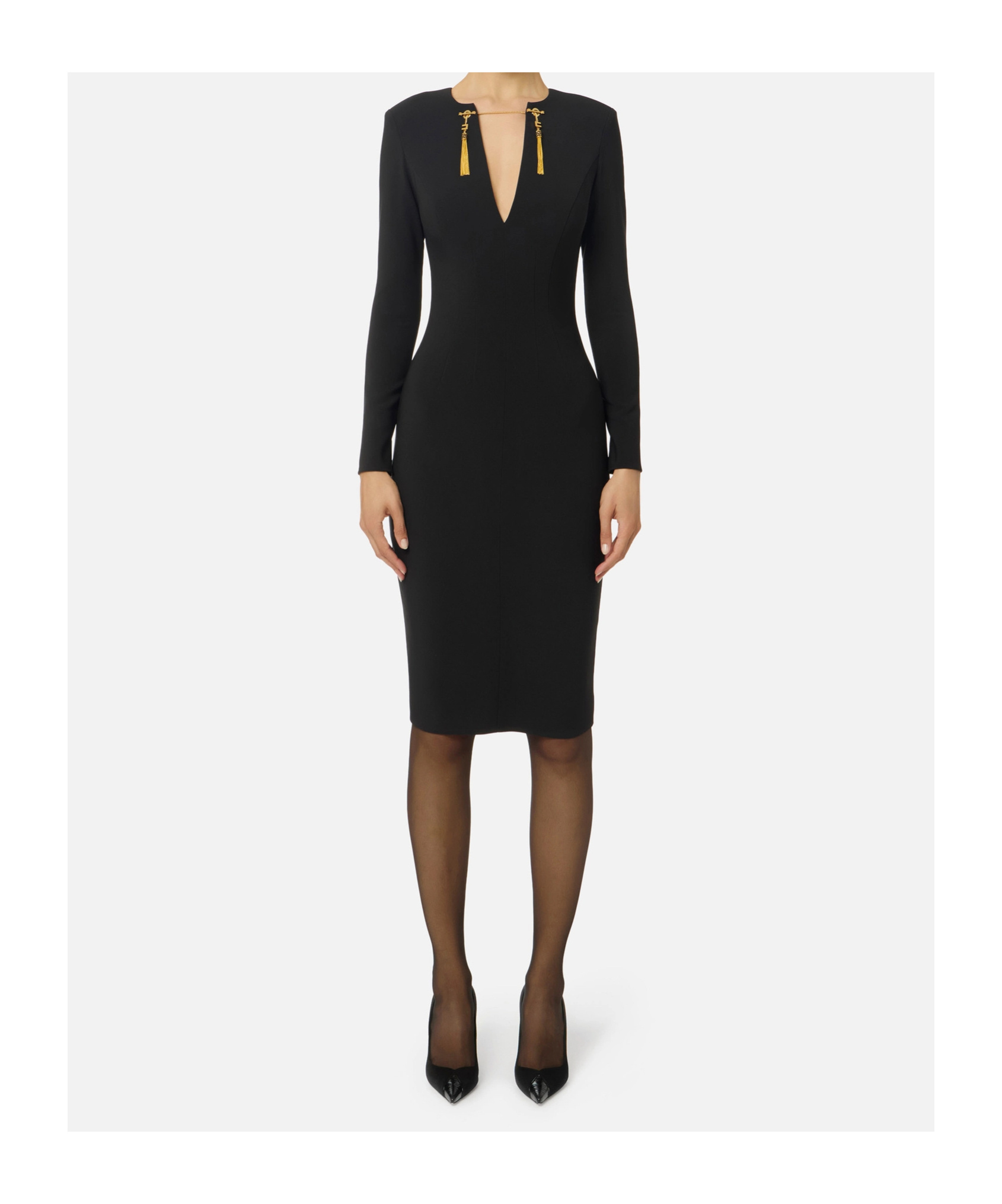 Elisabetta Franchi Shoulder Reinforced V-neckline Midi Dress With Split In Black