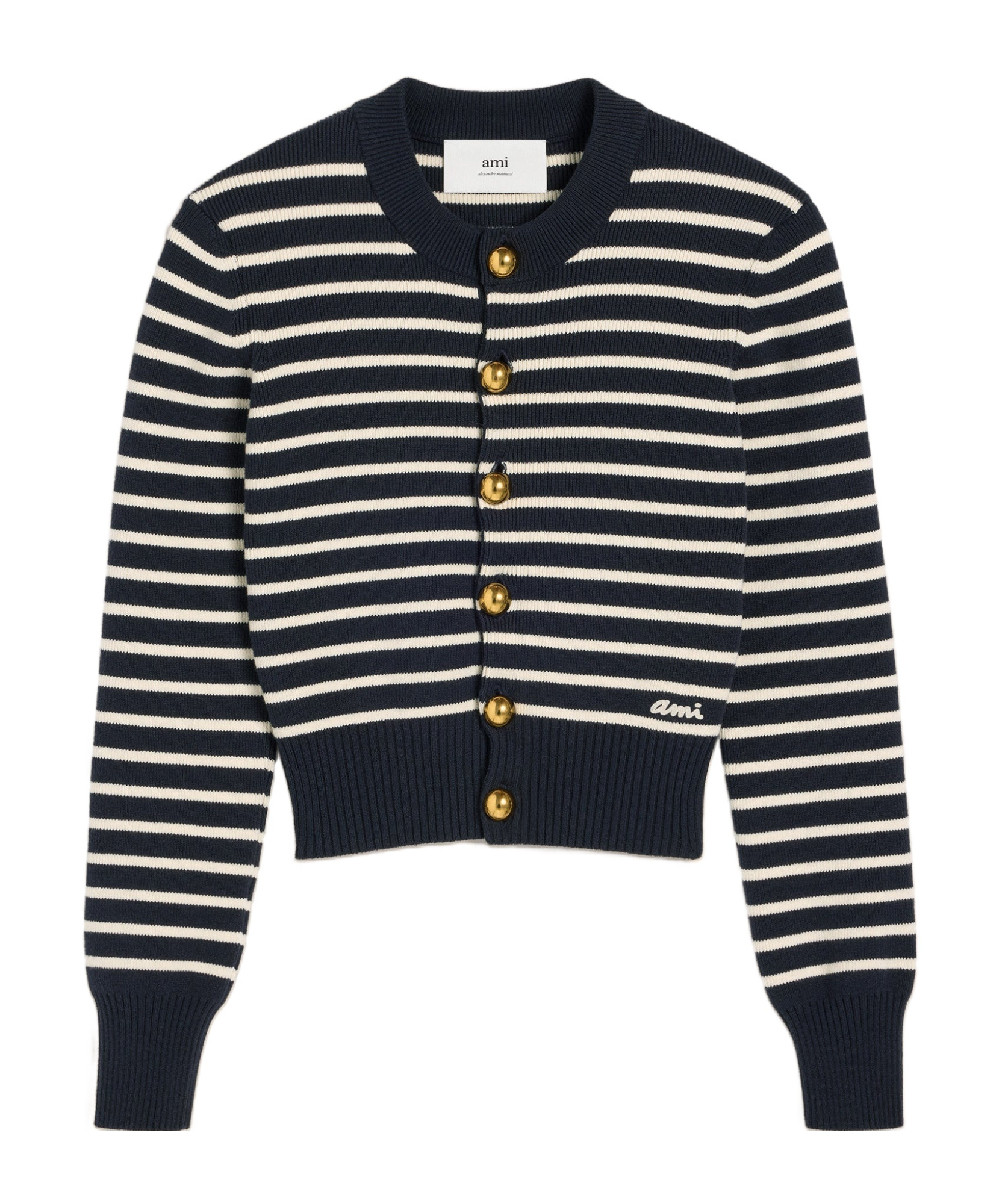 Ami Alexandre Mattiussi Ami Cropped Blue Cardigan With Striped Pattern In Black