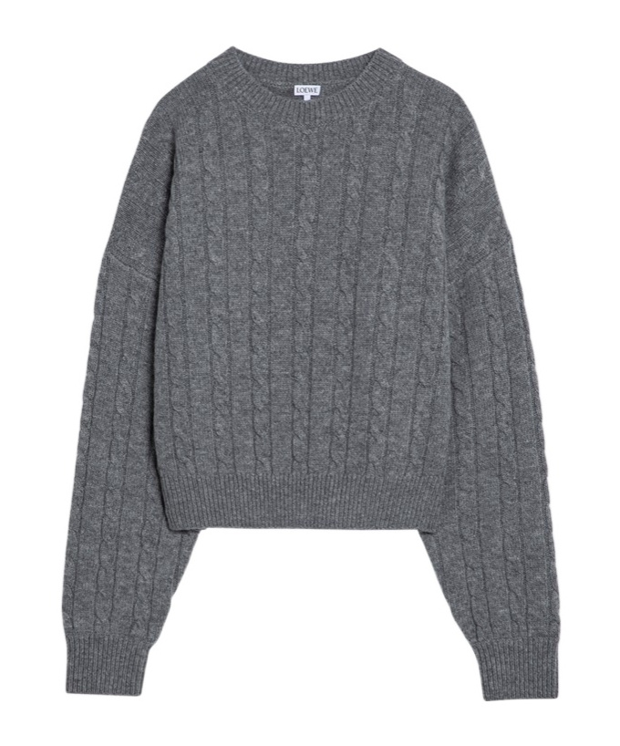 Loewe Cable Knit Crew Neck Wool Sweater In Gray
