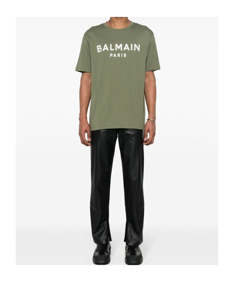 Balmain Green Crewneck T-shirt With Logo Lettering On The Front In Green