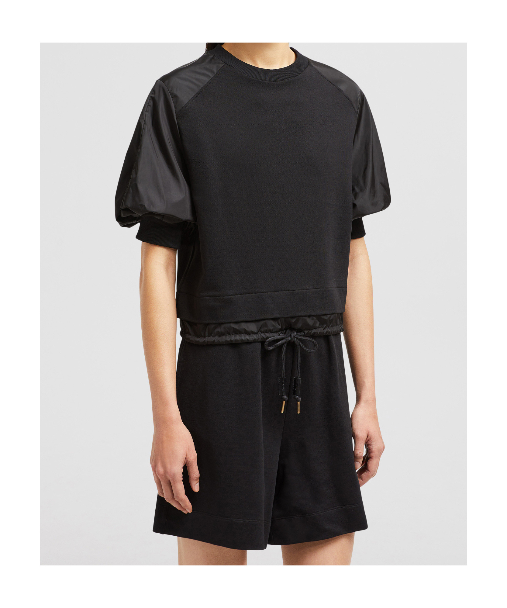Moncler Cotton And Nylon T-shirt With Puffed Sleeves In Black