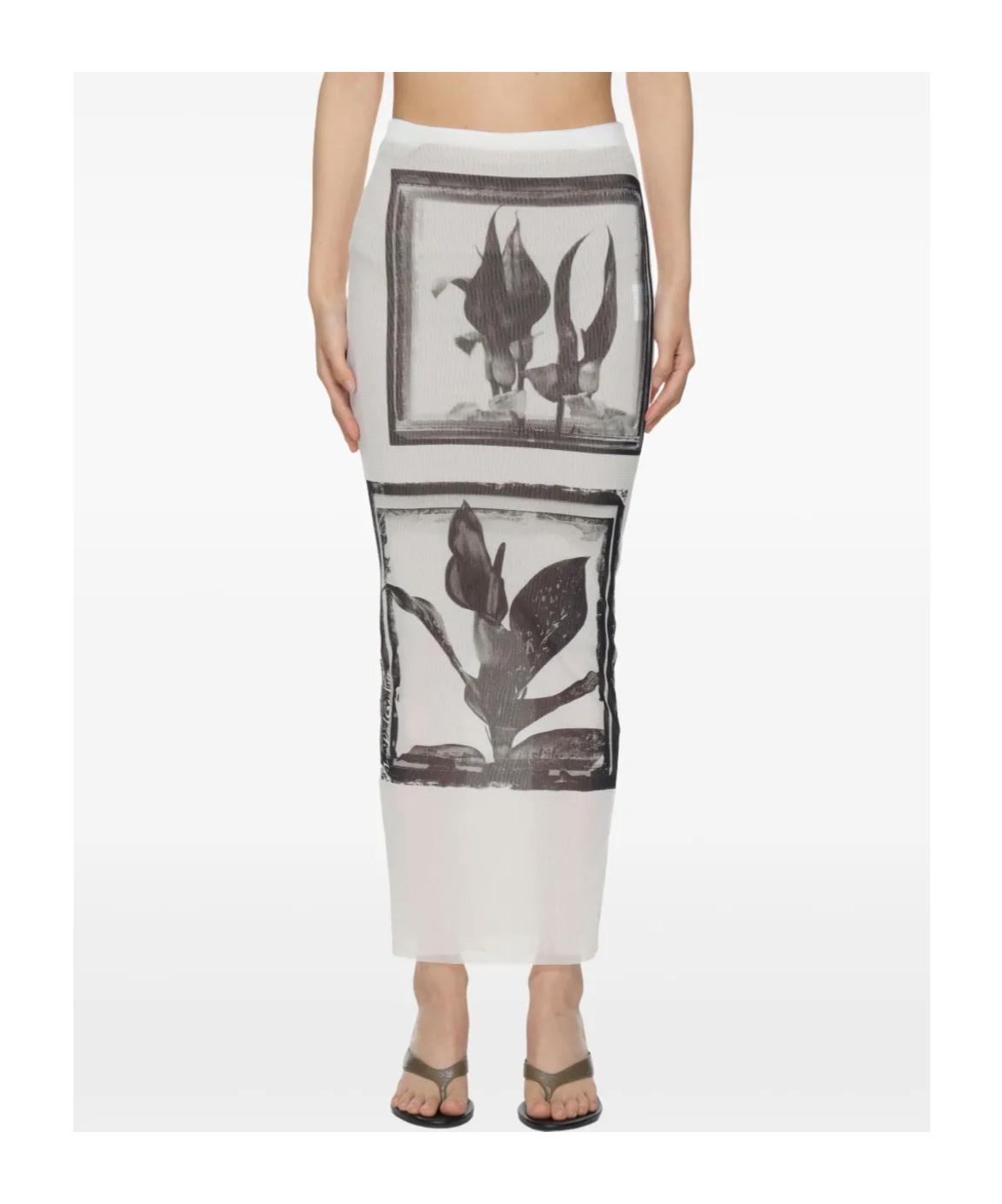 Jean Paul Gaultier Flowers Cadres Printed Mesh Long Skirt In White