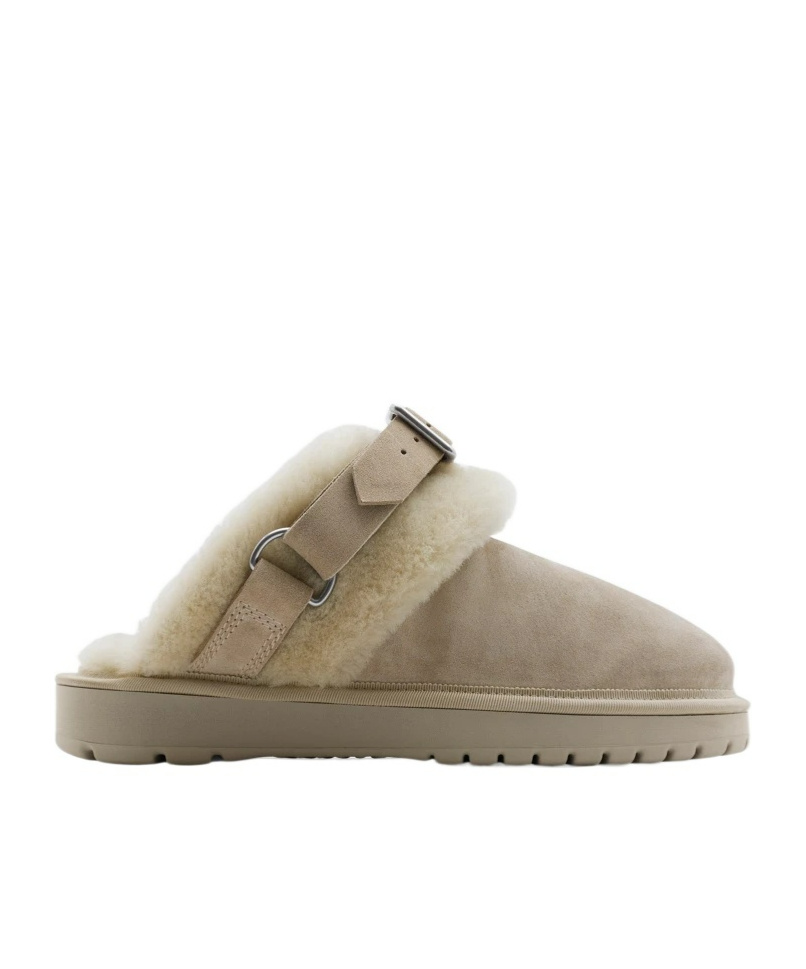 Burberry Buckle Fastening Shearling Suede Mules In Nude