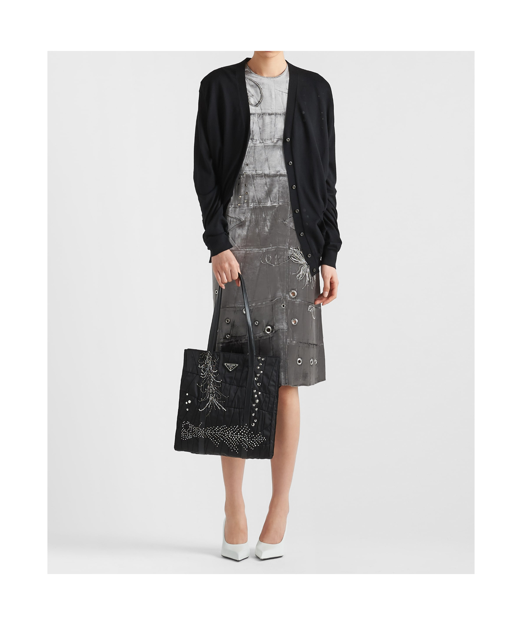 Shop Prada Medium Re-nylon Patchwork Tote Bag With Embroidery In Black